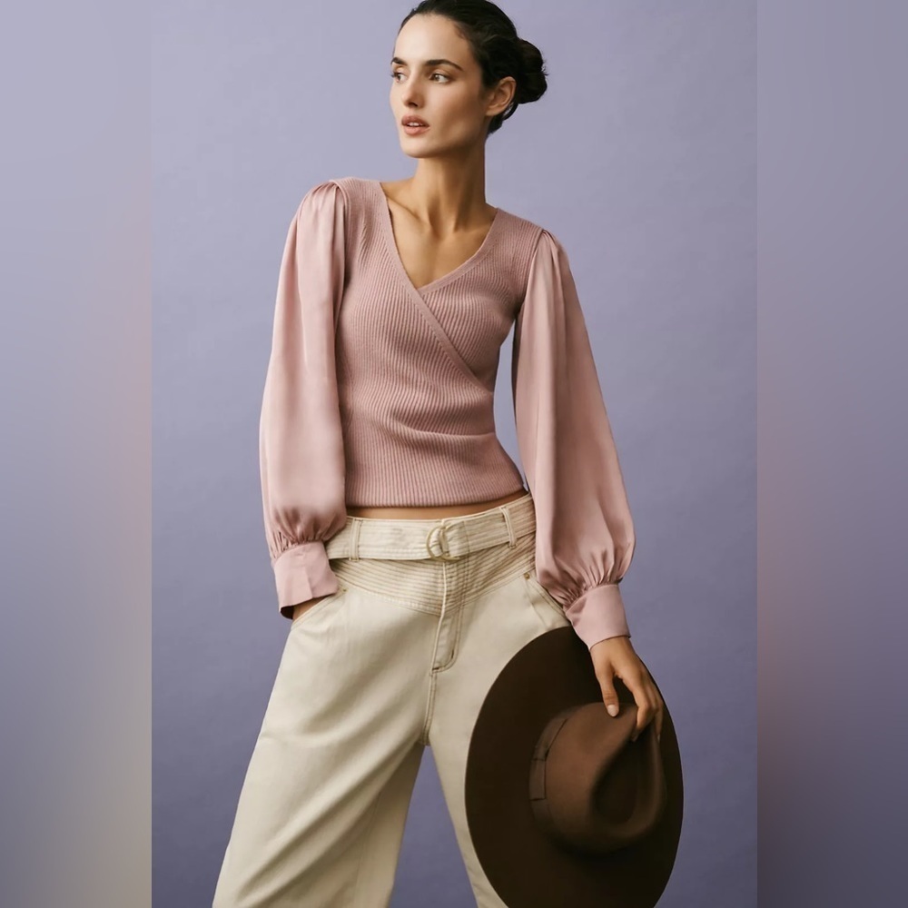 NWT Size M - By Anthropologie Twofer Faux-Wrap Sweater in Mauve